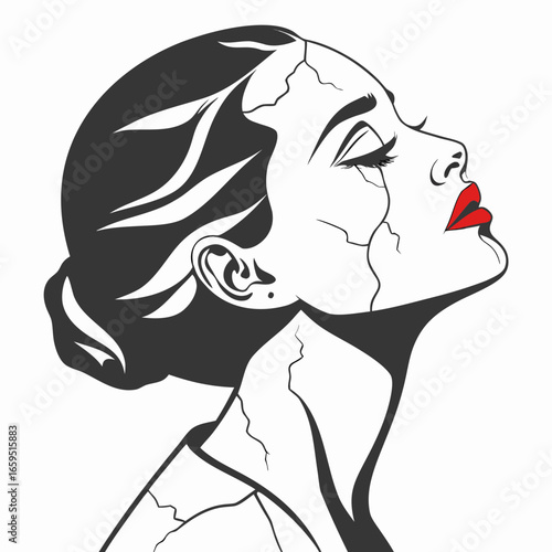 Conceptual drawing of a woman in profile with cracks across her face and neck. The illustration is stylized with red lips and a dark updo hairstyle.

