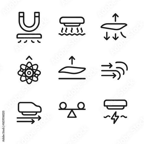 Hover Science Icons. Outline icon set of hover science and physics: magnetic levitation, air cushion, jet thrust, antigravity