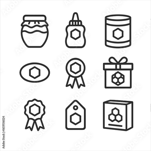 Honey Packaging Icons. Outline icon set of honey packaging: glass jar, plastic squeeze bottle, tin can, label, ribbon, gift box,