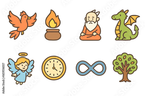 Immortal Icons Grid. Flat vector mini-illustrations immortal beings in colors children's illustrations: phoenix, eternal flame,