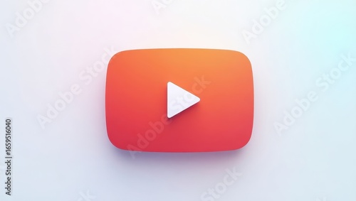 A three-dimensional, vibrant, orange-red video play button icon stands out against a neutral backdrop, highlighting a simple yet impactful design.