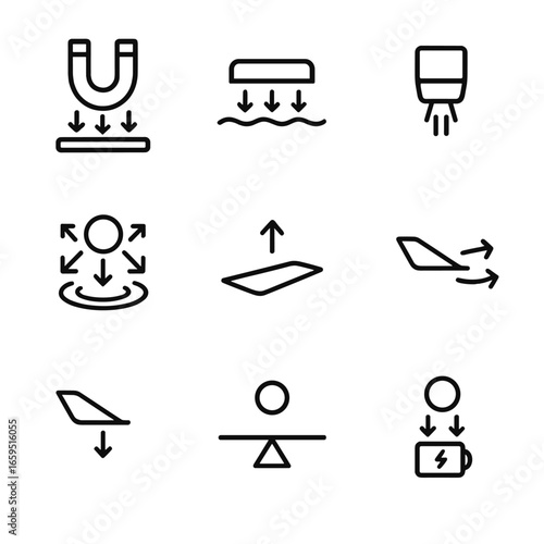 Hover Science Icons. Outline icon set of hover science and physics: magnetic levitation, air cushion, jet thrust, antigravity