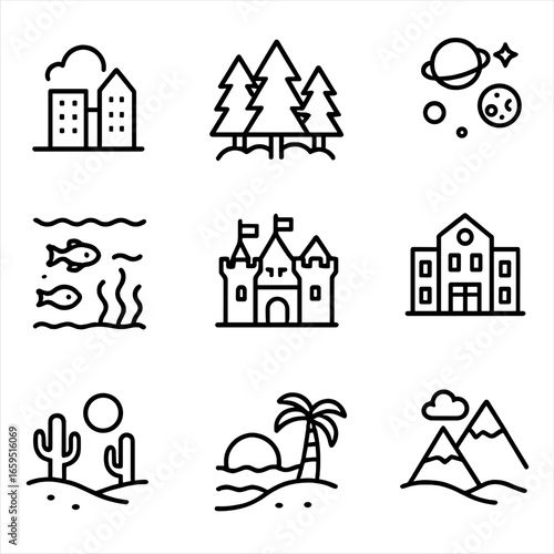 Outline Icon Set. Outline icon set of cartoon backgrounds: cityscape, forest, outer space, underwater, castle, school, desert,