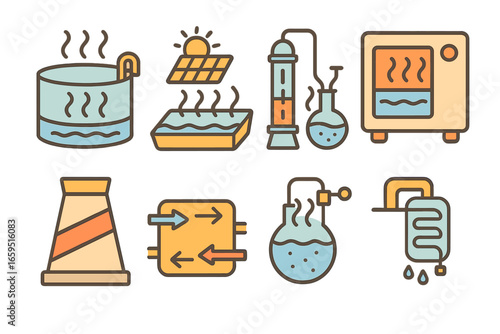 Industrial Evaporation Icons. Flat vector mini-illustrations evaporation in industry in colors children's illustrations: