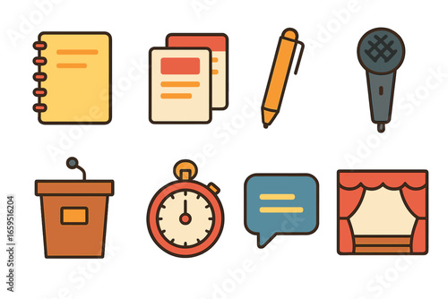 Debate Prep Tools. Flat vector mini-illustrations Debate preparation tools in colors children's illustrations: