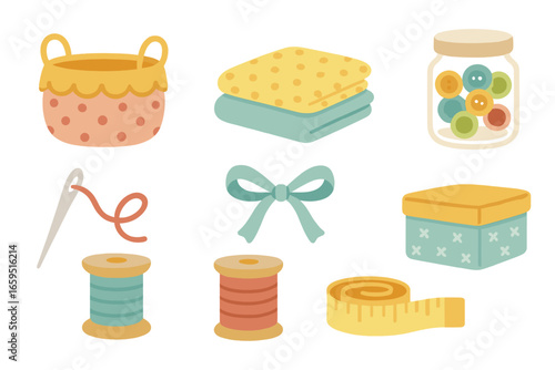 Decorative Fabric Baskets. Flat vector mini-illustrations Decorative fabric baskets in colors children's