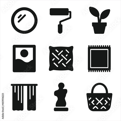Decor Elements Collection. Solid, filled icons set of decorative elements for small spaces: mirrors,