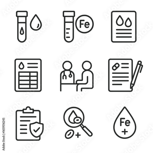 Iron Supplement Tests Icons. Outline icon set of iron supplement related medical tests: blood test, ferritin level, hemoglobin