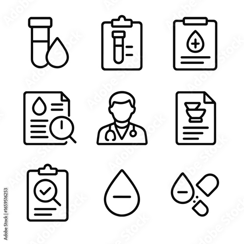 Iron Supplement Tests Icons. Outline icon set of iron supplement related medical tests: blood test, ferritin level, hemoglobin