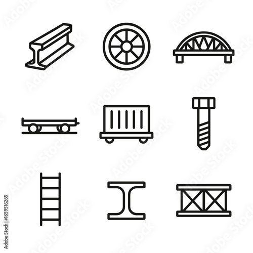 Iron Transport Icons. Outline icon set of iron in transportation: iron rail, iron wheel, iron bridge, iron truck chassis, iron