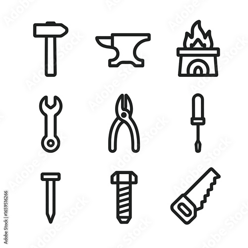 Iron Tools Icons. Outline icon set of iron tools and machinery: hammer, anvil, forge, wrench, pliers, screwdriver, nail, bolt, saw