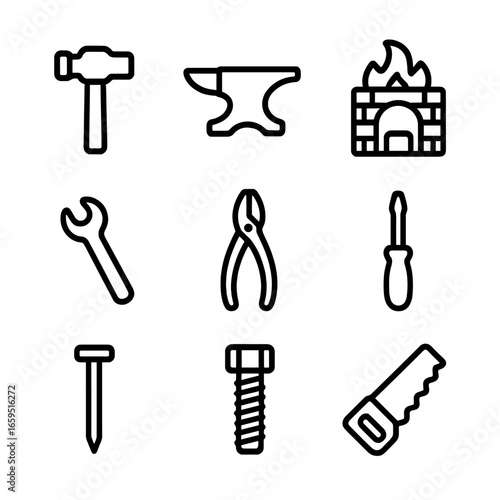 Iron Tools Icons. Outline icon set of iron tools and machinery: hammer, anvil, forge, wrench, pliers, screwdriver, nail, bolt, saw