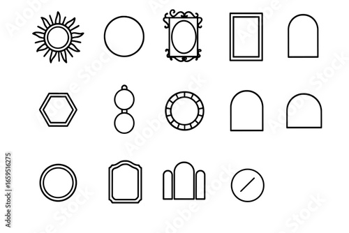 Decorative Mirror Icons. Outline icon set of decorative wall-mounted mirrors: sunburst mirror, circular glass,