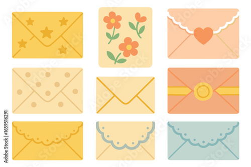Decorative Stationery Icons. Flat vector mini-illustrations Decorative stationery in colors children's