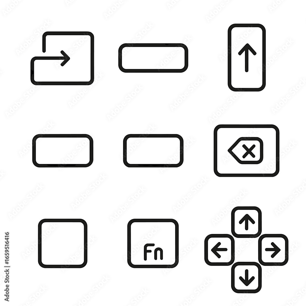 Keyboard Keys Icons. Outline icon set of keyboard keys: enter key, space bar, shift key, control key, alt key, backspace key,