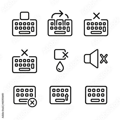 Keyboard Error Icons. Outline icon set of keyboard error indicators: stuck key, key rollover, ghosting, unresponsive key, sticky