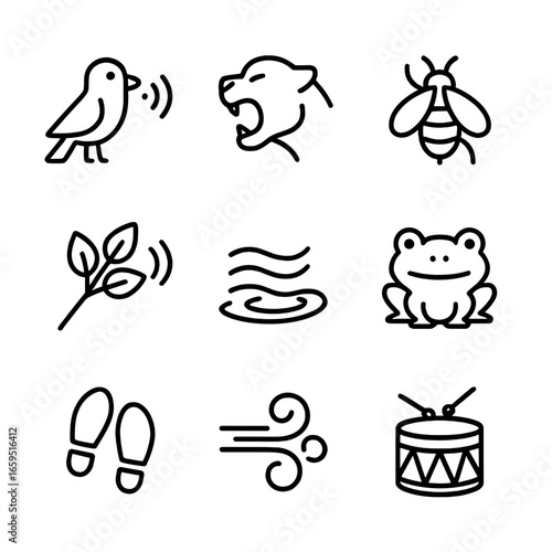 Jungle Sounds Icons. Outline icon set of jungle sounds: bird call, animal roar, insect buzz, water flow, rustling leaves, frog