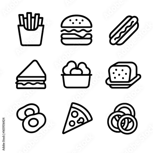 Ketchup-Themed Food Icons. Outline icon set of ketchup related foods: fries, burger, hot dog, sandwich, nuggets, meatloaf, eggs,
