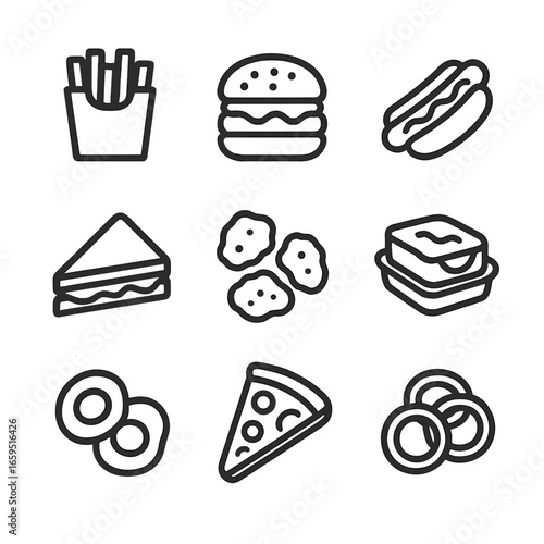 Ketchup-Themed Food Icons. Outline icon set of ketchup related foods: fries, burger, hot dog, sandwich, nuggets, meatloaf, eggs,