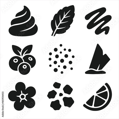 Dessert Garnish Icons. Solid, filled icons set of dessert garnishing: whipped cream swirl, mint leaf,