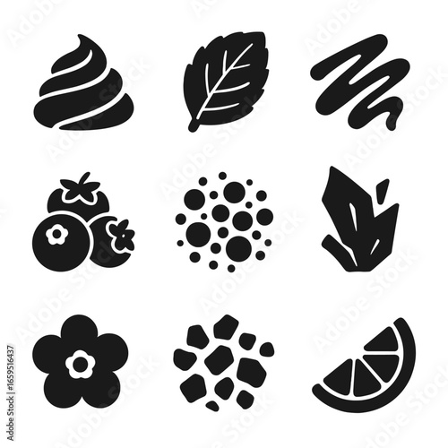 Dessert Garnish Icons. Solid, filled icons set of dessert garnishing: whipped cream swirl, mint leaf,