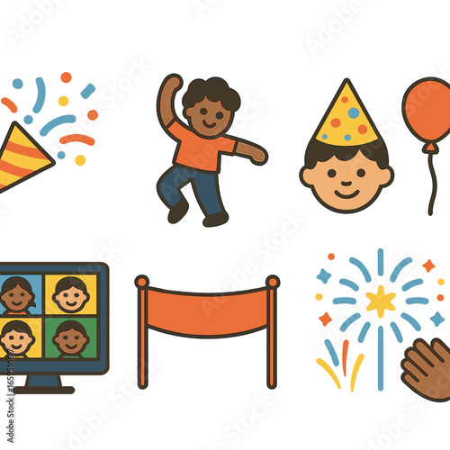 Digital Celebration Icons. Flat vector mini-illustrations digital celebration moments in colors children's