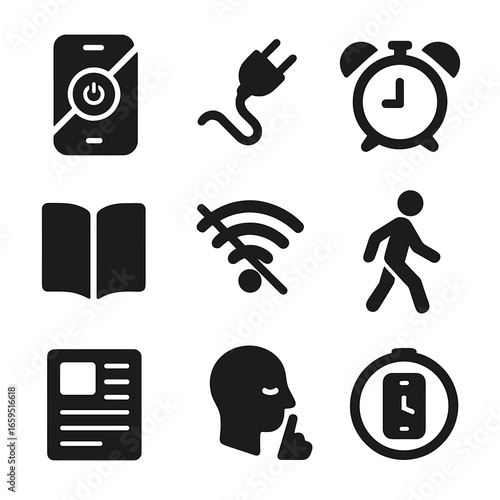 Digital Detox Symbols. Solid, filled icons set of digital detox: phone off icon, unplug cable, alarm clock,