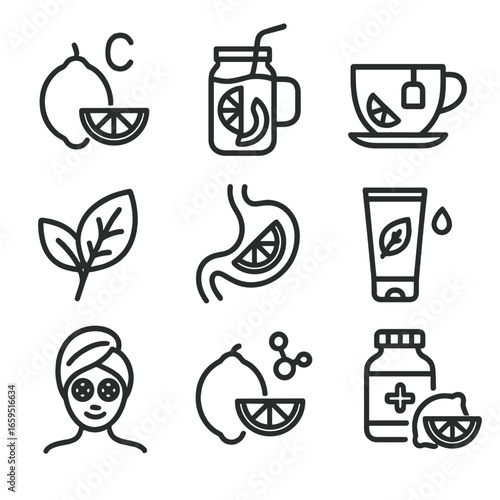 Lemon Wellness Icons. Outline icon set of lemon health and wellness: vitamin C, detox water, lemon tea, lemon balm, digestive aid,