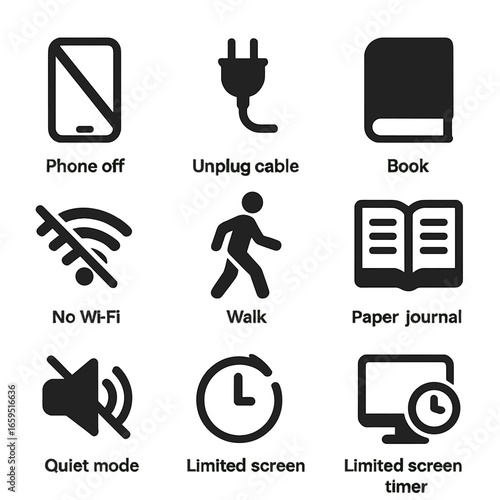 Digital Detox Symbols. Solid, filled icons set of digital detox: phone off icon, unplug cable, alarm clock,