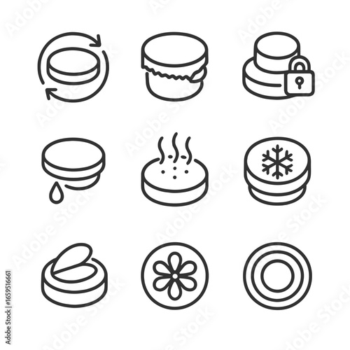 Lid Icon Set. Outline icon set of lid features: airtight lid, tamper-evident lid, childproof lid, spill-proof lid, vented lid,