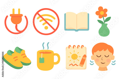 Digital Detox Icons. Flat vector mini-illustrations Digital detox and mental clarity in colors children's