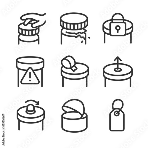 Lid Safety Icons. Outline icon set of lid safety features: child-resistant lid, tamper-proof lid, safety lock lid, warning label,