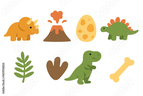 Dinosaur Park Icons. Flat vector mini-illustrations dinosaur park in colors children's illustrations: