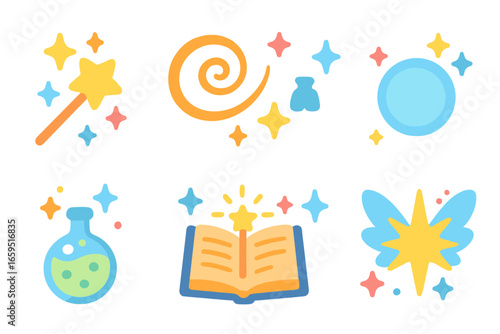 Magical Sparkle Icons. Flat vector mini-illustrations magical sparkles in colors children's illustrations: fairy wand sparkles,