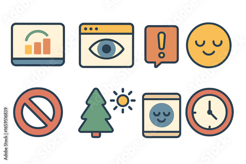 Digital Wellbeing Icons. Flat vector mini-illustrations digital wellbeing reminders in colors children's