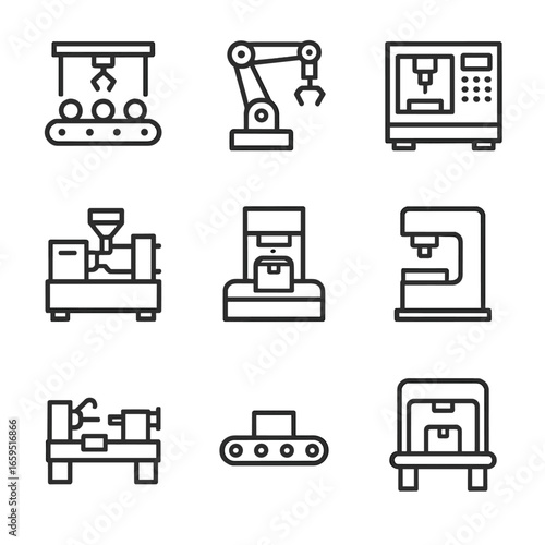 Manufacturing Icon Set. Outline icon set of manufacturing machinery: assembly line, robotic arm, CNC machine, injection molding,