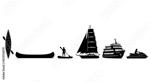 Silhouetted depictions of various watercraft, showcasing different modes of aquatic transportation.