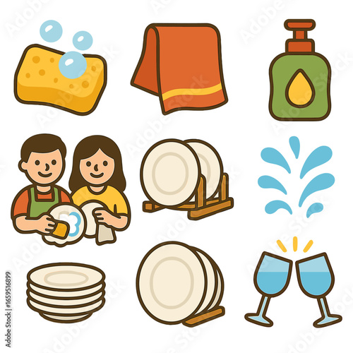 Dishes Delight Duo. Flat vector mini-illustrations couple doing dishes after cooking in colors children's