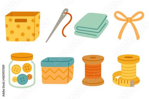 DIY Fabric Organization Icons. Flat vector mini-illustrations DIY home organization projects with fabric in