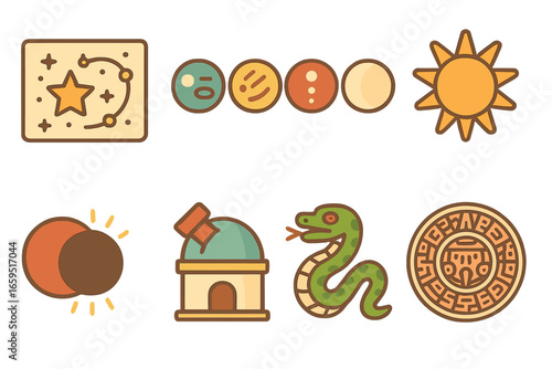 Maya Astronomy Icons. Flat vector mini-illustrations Maya astronomy in colors children's illustrations: star chart, planet glyphs,