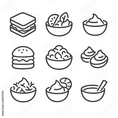 Mayonnaise Uses Icons. Outline icon set of mayonnaise uses in cooking: sandwich spread, salad dressing, dip bowl, burger sauce,