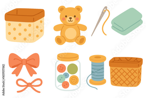 DIY Fabric Toy Organizers. Flat vector mini-illustrations DIY fabric toy organizers in colors children's