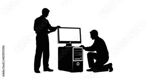 Silhouetted figures working together to assemble or repair a computer system, focusing on the monitor and tower.