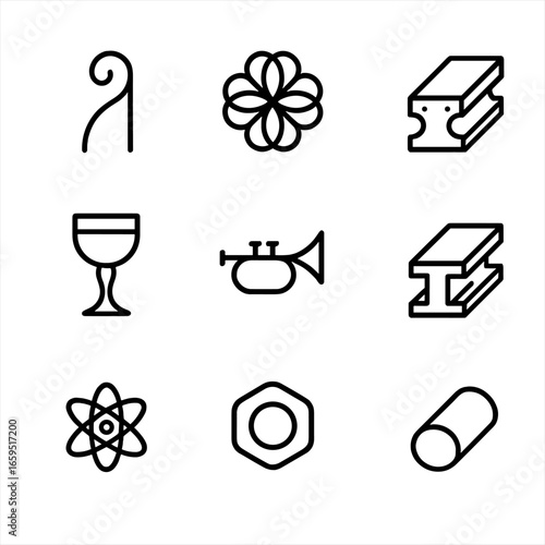 Metal Icon Grid. Outline icon set of forged metals: wrought iron, stainless steel, carbon steel, bronze, brass, aluminum, copper,