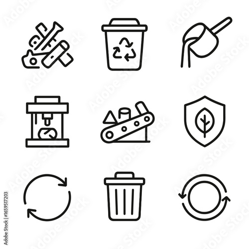 Metal Recycling Icons. Outline icon set of sheet metal recycling and waste management: scrap metal, recycling bin, melting furnace