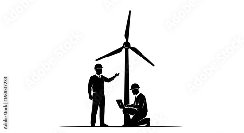 Two engineers discussing a wind turbine's maintenance.