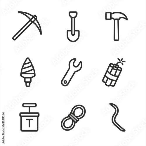 Mining Tools Icons. Outline icon set of mining tools: pickaxe, shovel, hammer, drill bit, wrench, dynamite, blasting cap, wire