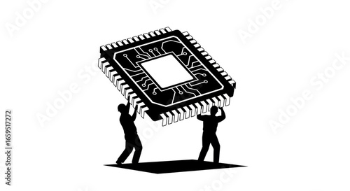 Two figures cooperatively lift a large, intricate microchip, symbolizing teamwork and technological advancement.