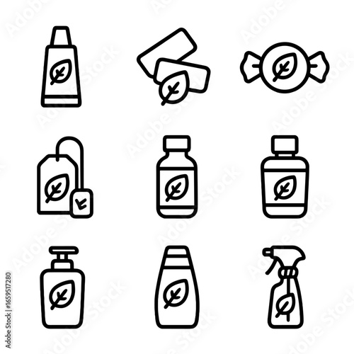 Mint Product Icons. Outline icon set of mint products: toothpaste, chewing gum, candy, tea bag, essential oil, mouthwash, lotion,