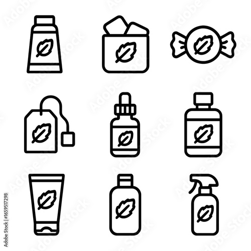 Mint Product Icons. Outline icon set of mint products: toothpaste, chewing gum, candy, tea bag, essential oil, mouthwash, lotion,